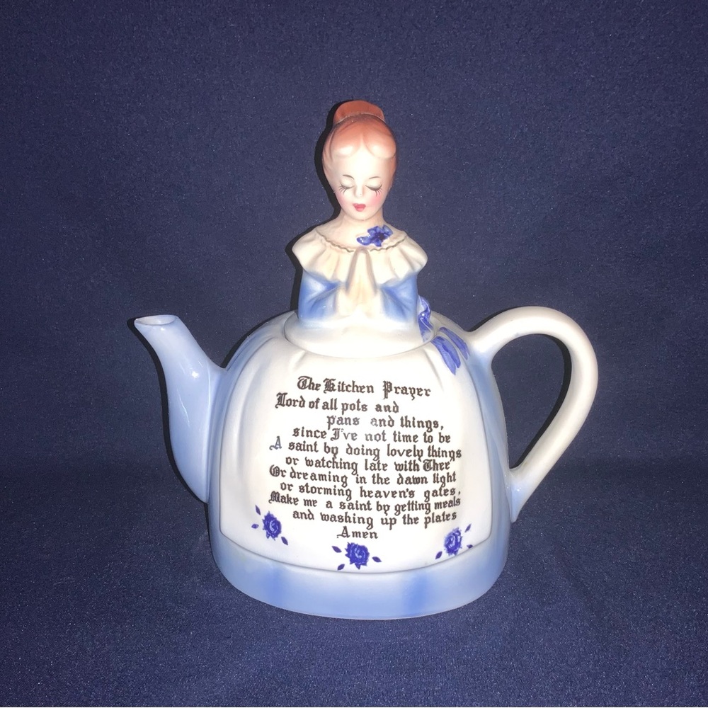 Vintage Enesco Mother in the Kitchen Blue Prayer Lady Teapot